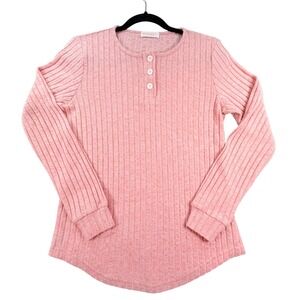 MOSHU Henley Top Ribbed‎ Knit Poly Rayon Blend Small Pink Casual Long Sleeve